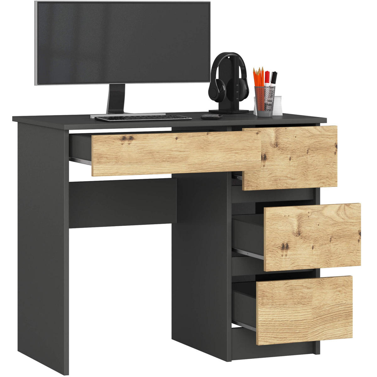 SCHREIBTISCH Graphit Grau, Eiche Artisan 77/90/50 - Eiche Artisan, Holzwerkstoff (50/90/77cm) - RAUMHIRSCH FURNITURE