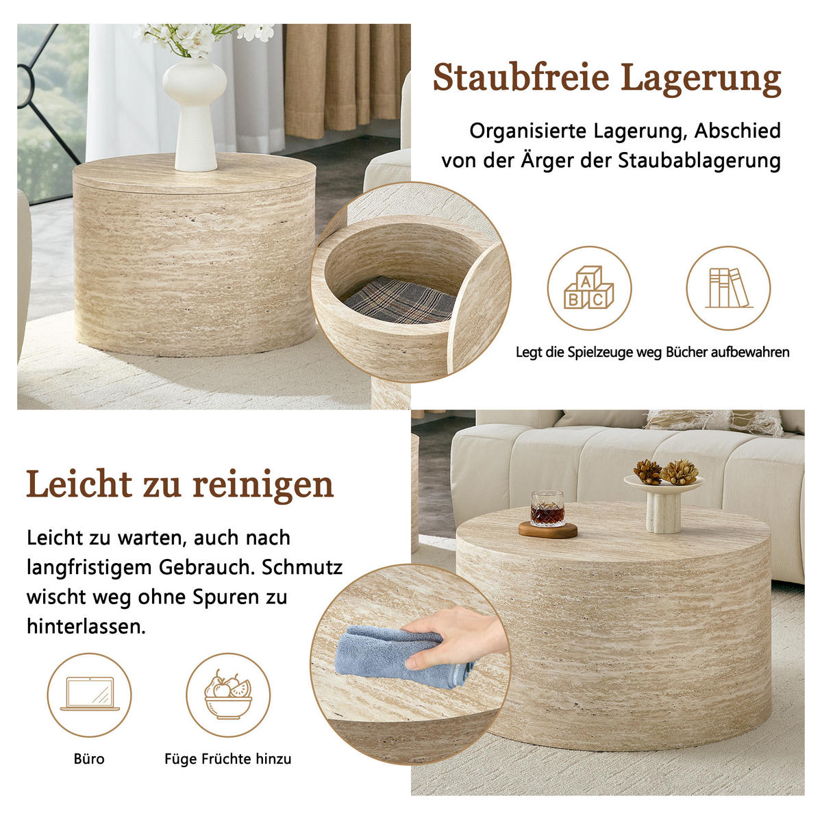 COUCHTISCH 2er-set Rund Holzoptik mit Stauraum & abnehmbarem Deckel - Naturfarben, Holzwerkstoff (62.8/62.8/35cm) - Urban Meuble