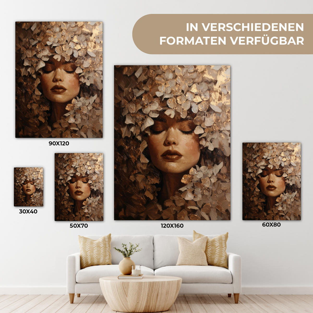 LEINWANDBILD Gesicht - Dame - Blätter - Pinselstriche Wandbild Wohnzimmer 60x80 cm - Goldfarben, Textil (60/80cm) - MuchoWow