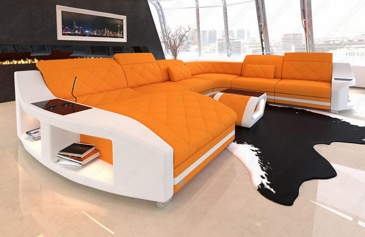 WOHNLANDSCHAFT Stoff Wohnlandschaft Swing Apricot Weiß Mikrofaserstoff - Orange, Kunststoff (404/90/295cm)