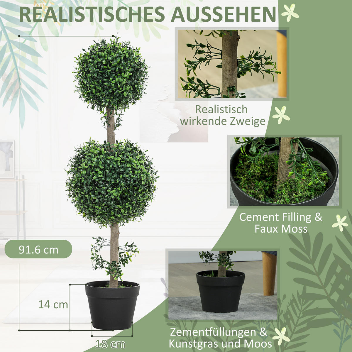 KUNSTPFLANZEN mit UV-Schutz, Grün - Grün, Kunststoff (91.6cm) - HOMCOM