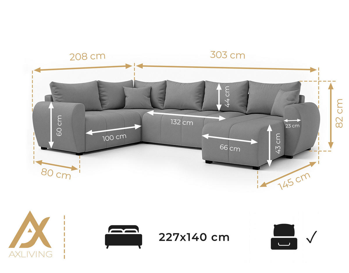 WOHNLANDSCHAFT Malatya U Form MAX Beige 311/145/82 cm mit Schlaffunktion - Beige/Schwarz, Kunststoff/Textil (208/82/303cm) - AX Living