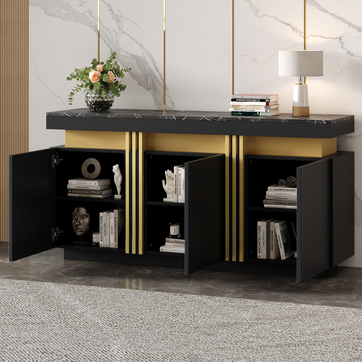 SIDEBOARD 140/38/70 cm in Schwarz mit 3 Türen und verstellbaren Einlegeböden - Schwarz, Holzwerkstoff (140/70/38cm) - Flora Grace