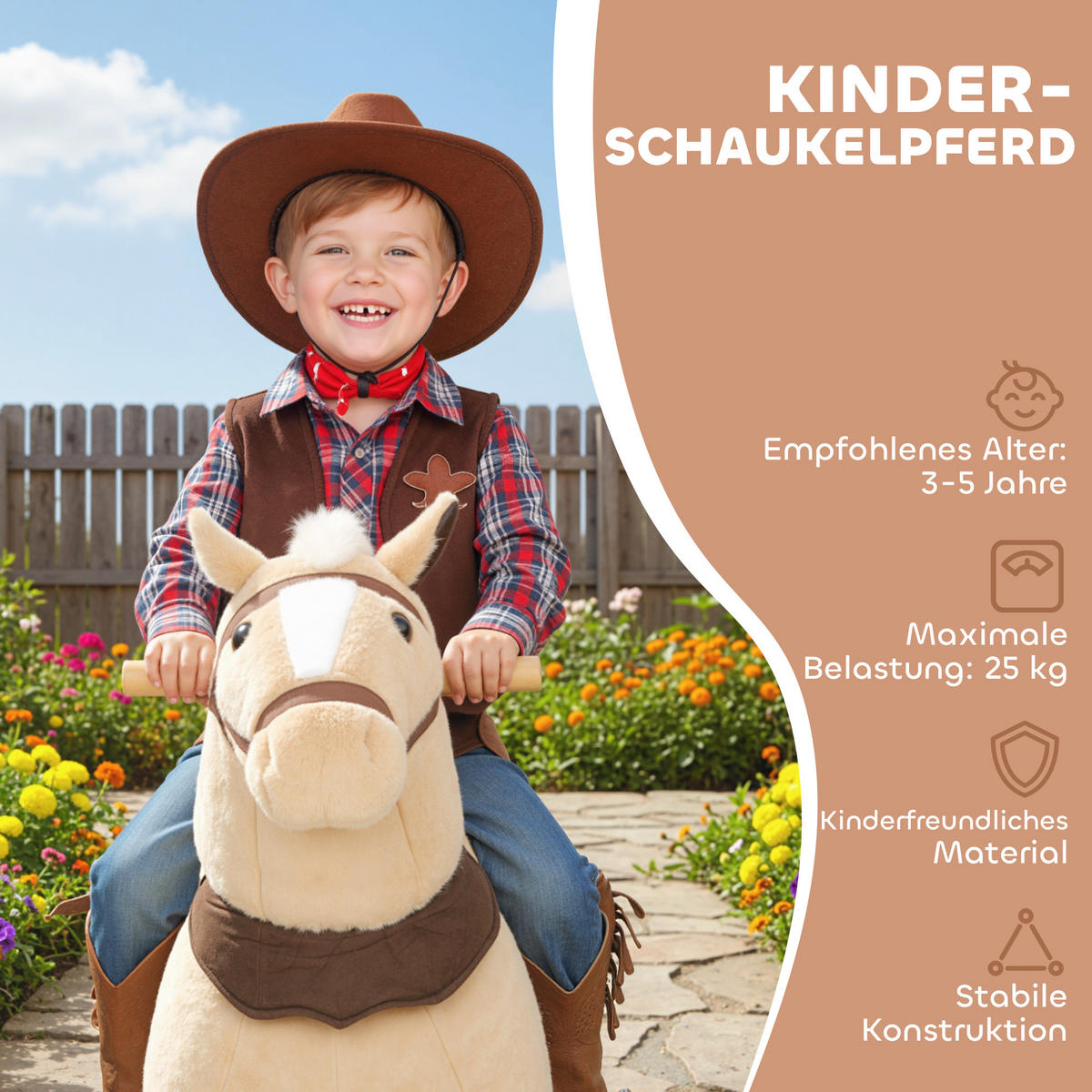 REITPFERD Spielpferd zum Reiten mit Sattel Rollen 80 cm Stehpferd Braun - Braun, Textil (32/80/72cm) - AIYAPLAY