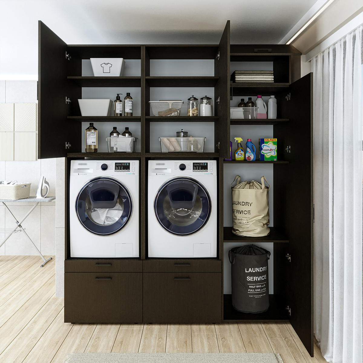 WASCHMASCHINENSCHRANK Serie 2 194cm Breit, 240cm Hoch - Schwarz, Holzwerkstoff (194/240/67cm)