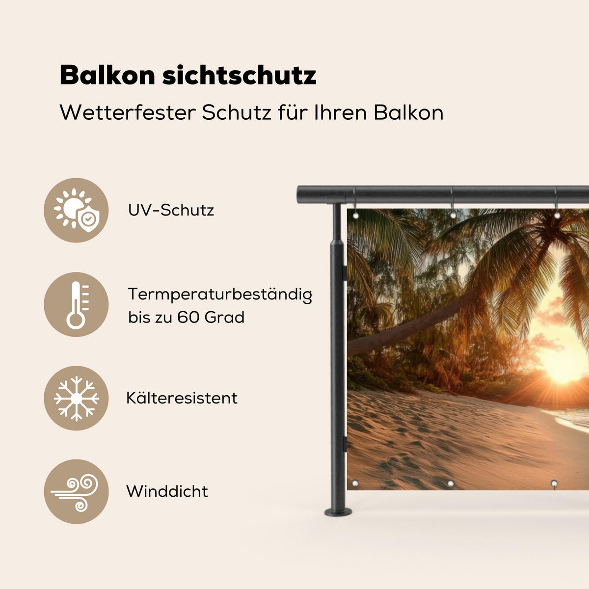 BALKON-SICHTSCHUTZ Strand - Palmen - Meer - Sonnenuntergang 300x110 cm - Samtahornfarben, Kunststoff (300/110cm) - MuchoWow