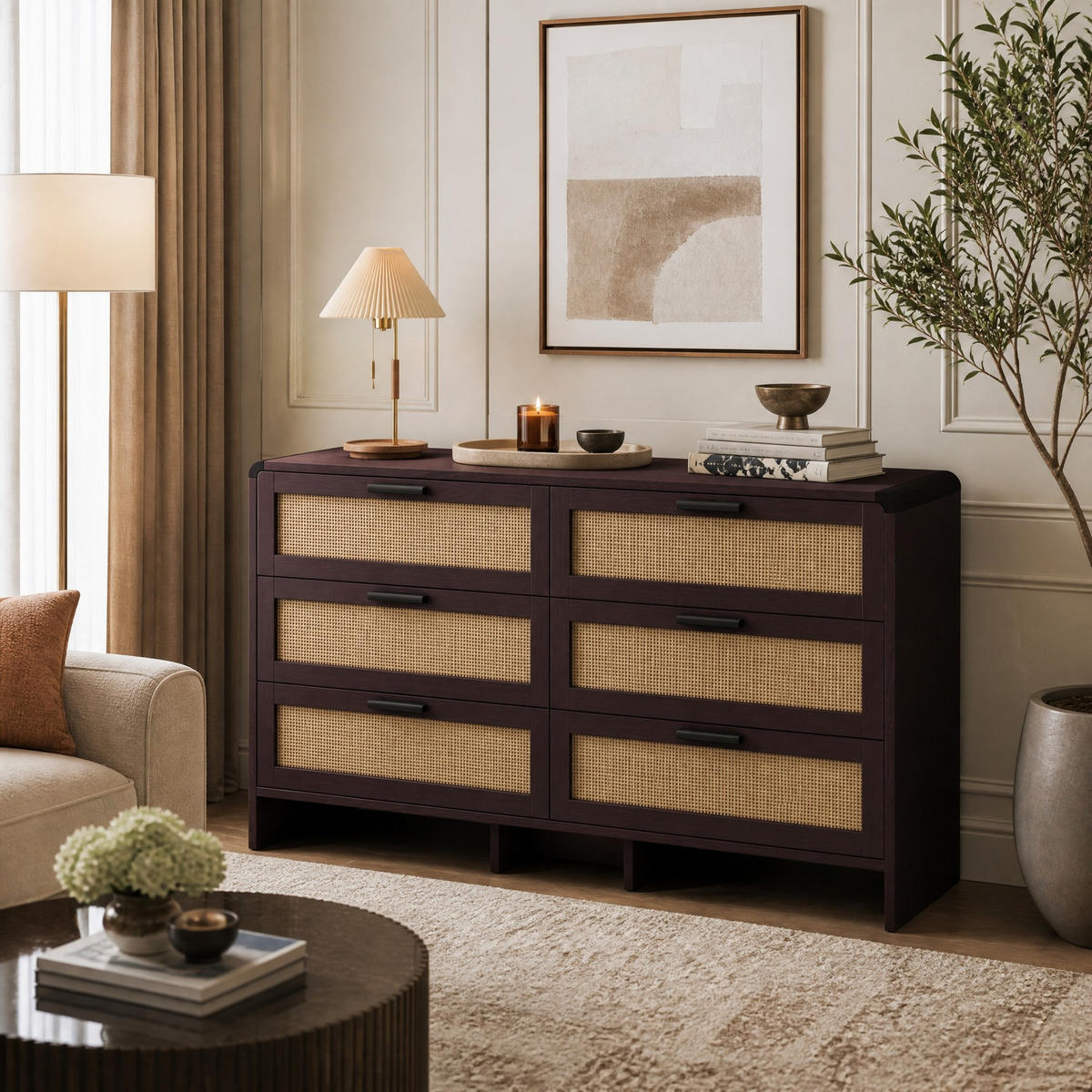 KOMMODE 130 cm in Rotbraun mit 6 Rattanschubladen und abgerundeten Ecken - Braun, Holzwerkstoff (130/74/40cm) - Flora Grace