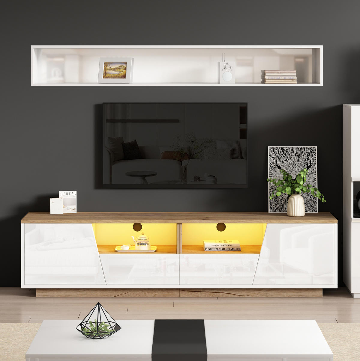 TV-LOWBOARD 180/40/46 cm mit 2 Schubladen, LED und Hochglanzfront - Weiß, Holzwerkstoff (180/46/40cm) - BEAOK