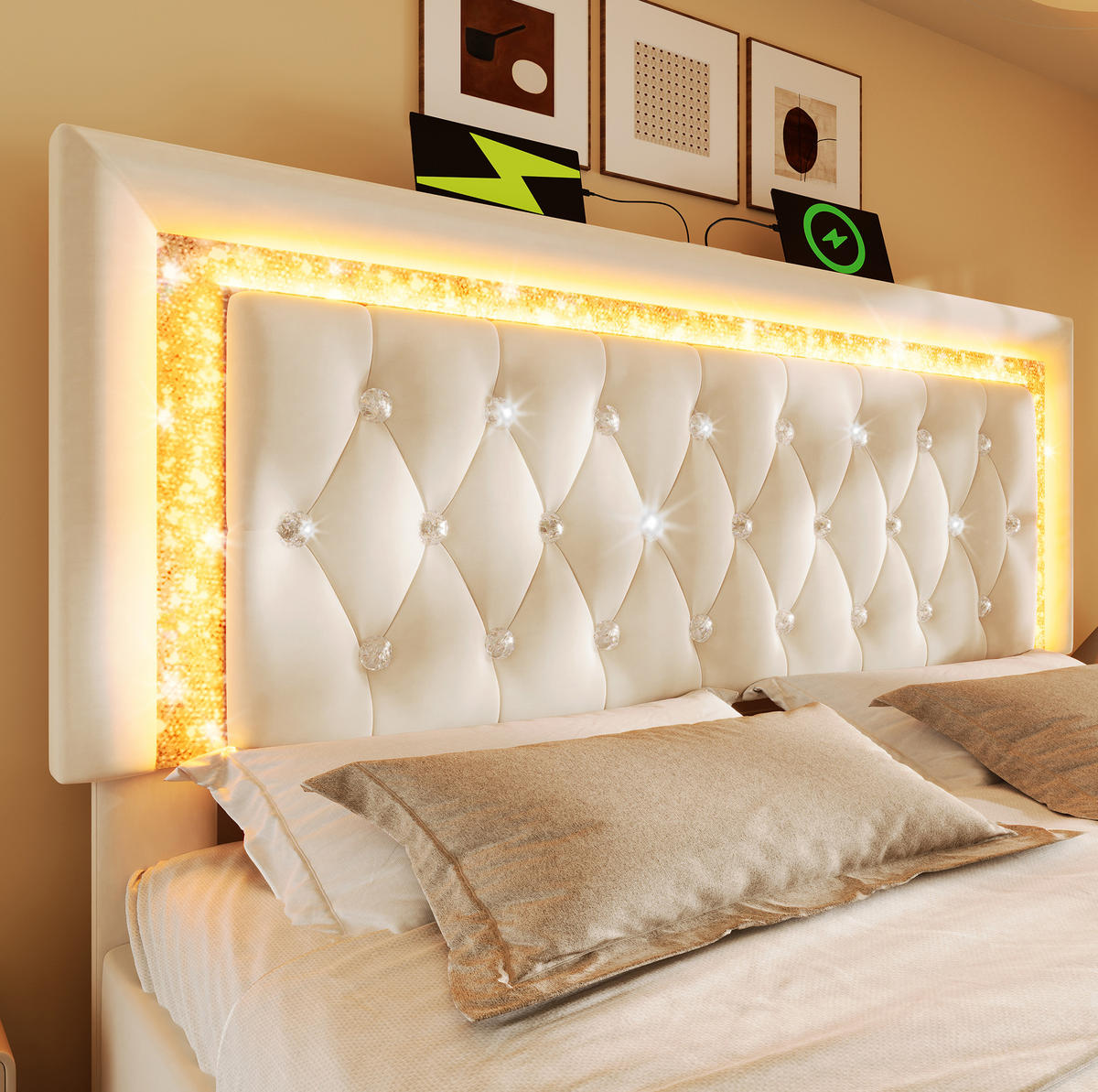 POLSTERBETT mit LED, USB und Stauraum 140x200 cm Samt Beige - Beige, Metall (140/200cm) - Meubliv