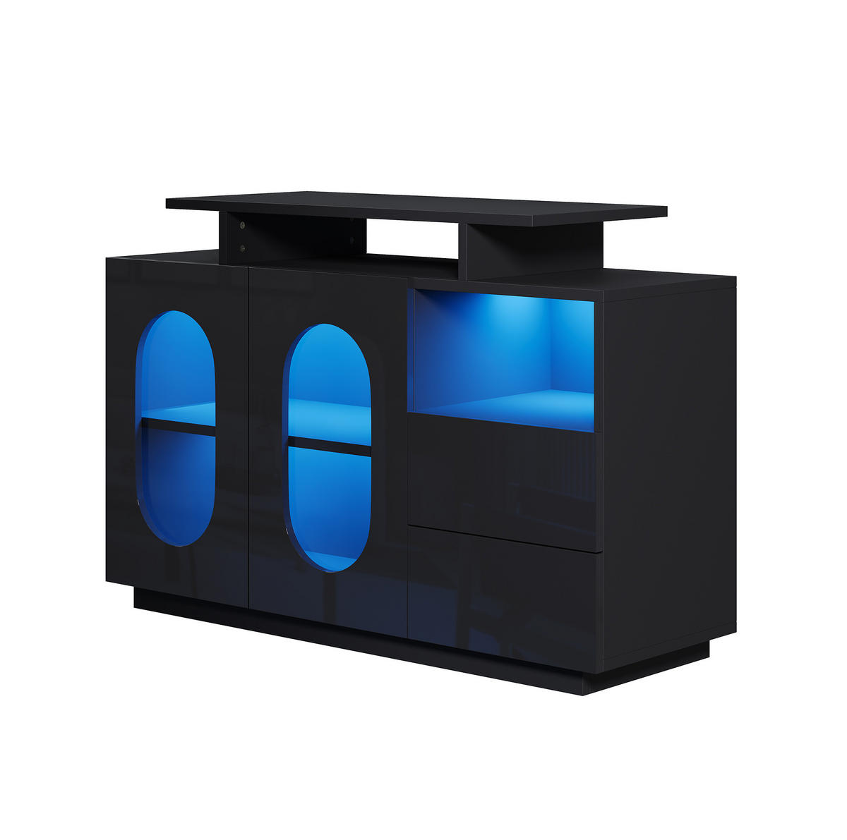 SIDEBOARD aus Holzwerkstoff 120x40x80 cm Schwarz mit LED-Beleuchtung, Glasvitrine und verstellbaren Einlegeböden - Schwarz, Holzwerkstoff (120/80/40cm) - Modfu