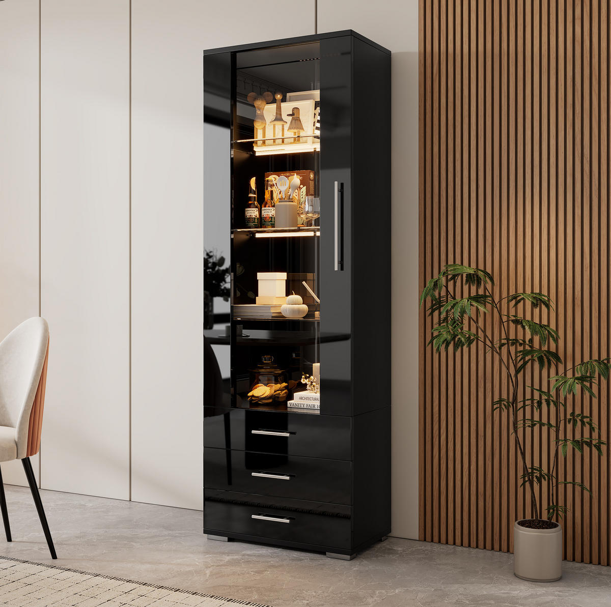 VITRINE 60/35/180 cm schwarz aus MDF mit LED und 3 Schubladen - Schwarz, Holzwerkstoff (60/180/35cm) - OKWISH