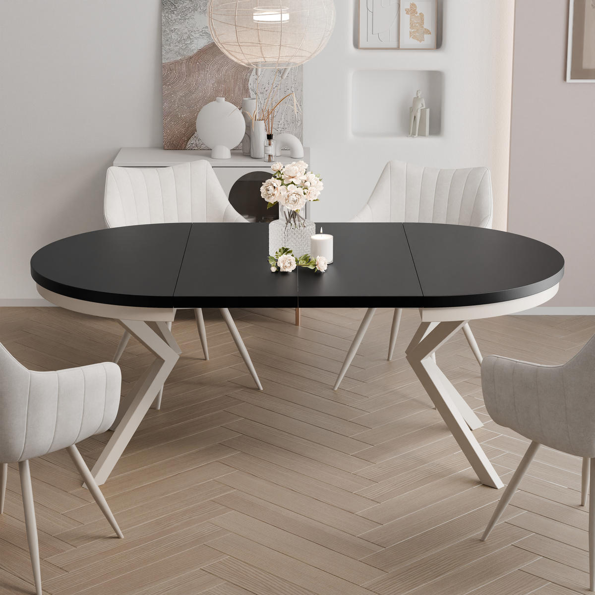 AUSZIEHTISCH MILTON 90-166/76 cm mit Metallgestell, Kaschmir / Schwarz Molet - Kaschmir/Schwarz, Holzwerkstoff/Metall (90/90/76cm) - Idohome