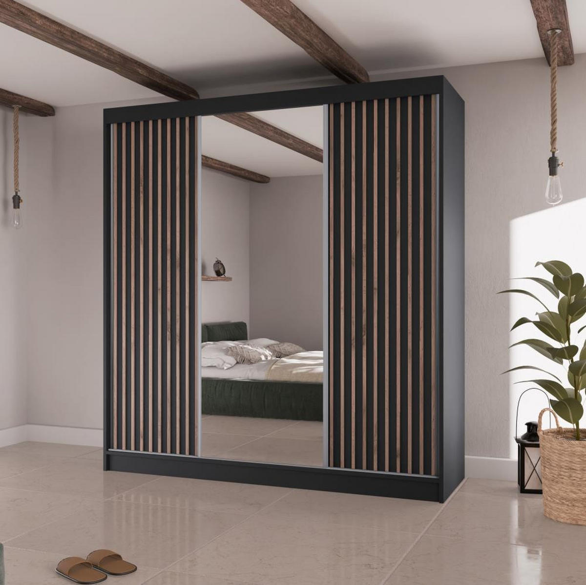 SCHWEBETÜRENSCHRANK Lico II 200/61/215 schwarz - Schwarz, Holzwerkstoff (200/215/61cm) - Beautysofa