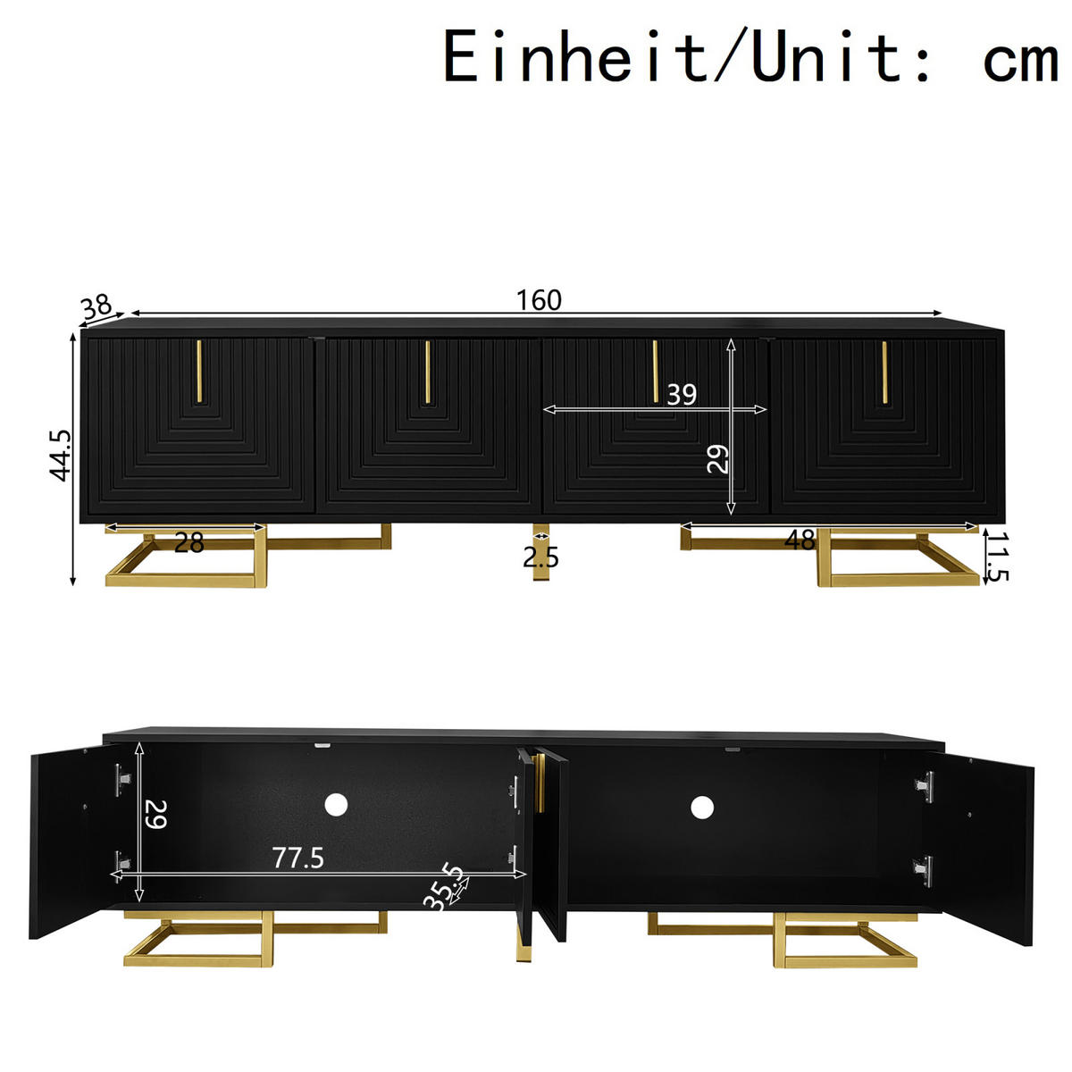 TV Lowboard 160x38x44,5 cm, Strukturfront, goldene Griffe, Schwarz - Schwarz, Holz (160/44/38cm)