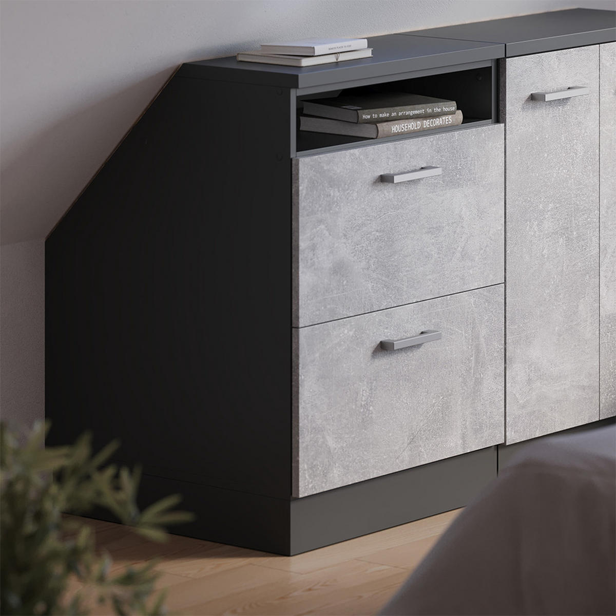 KUHINJSKI ORMAR ZA KOSINE KROVA R-Line Beton 60 cm s 2 ladice, korpus ormara dubine 60 cm - siva/antracit, drvni materijal (60/83.8/60cm) - Vicco