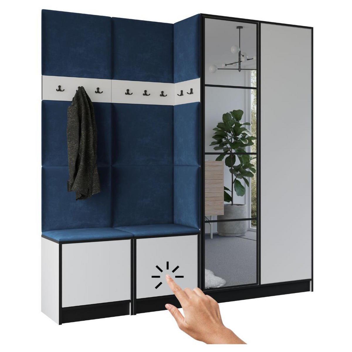 GARDEROBENSCHRANK EDEN 21 mit Spiegel - Weiß & Stoff Blau - Blau/Weiß, Holzwerkstoff (211/205/39cm) - Kier Furniture