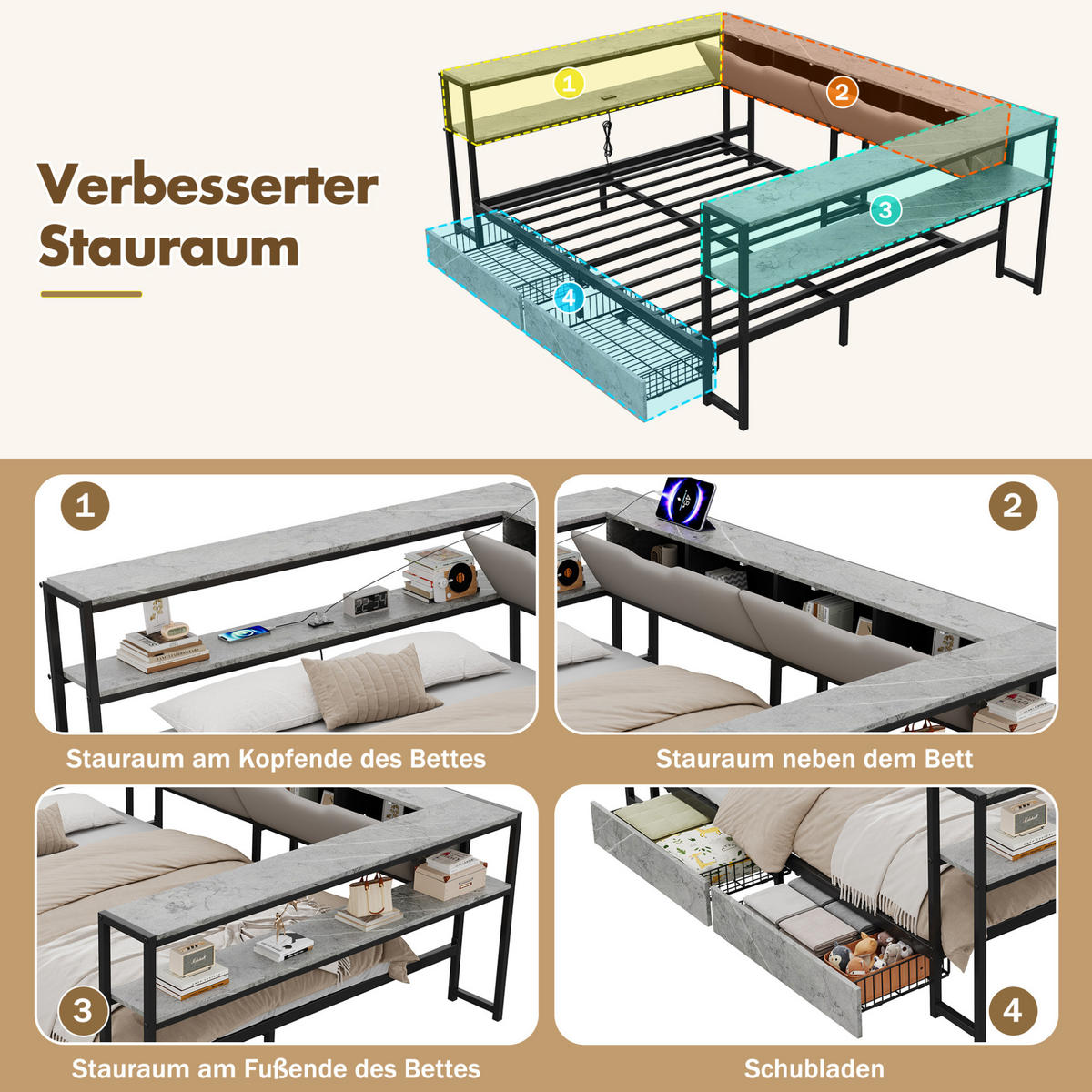 POLSTERBETT 140/200 cm mit USB- und Type-C-Anschluss, 2 Schubladen und 6 Staufächern, Leinenoptik, Grau - Grau, Holzwerkstoff (140/200cm) - Redom