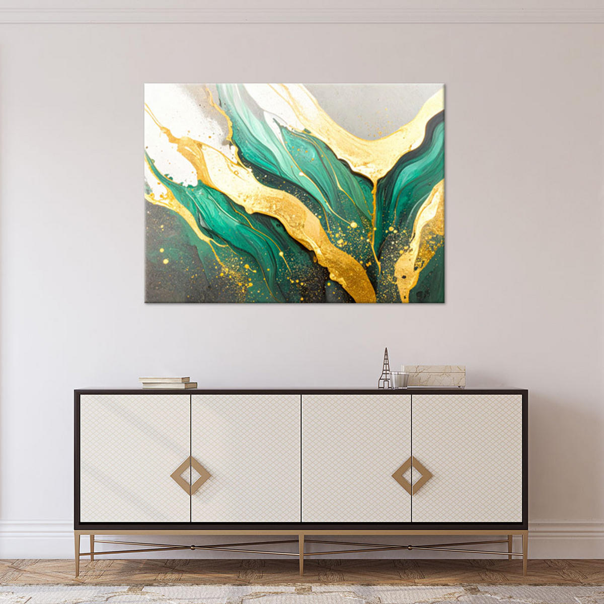 WANDBILD, Abstraktion aus grünem und goldenem Marmor - Grün, Textil (100/70cm) - Feeby
