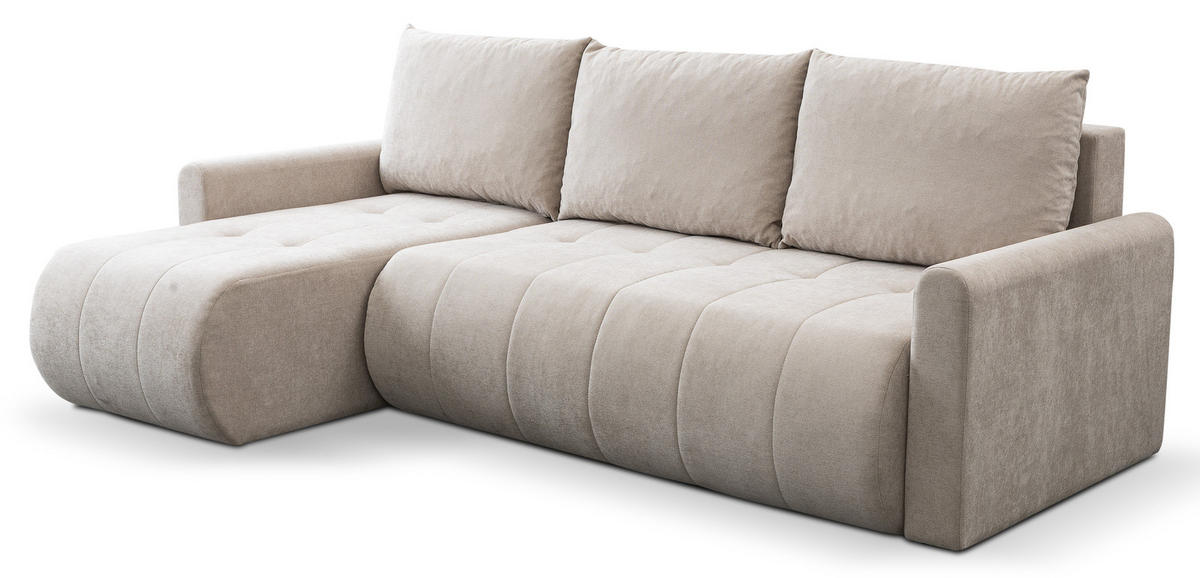 ECKSOFA Primo mit Schlaffunktion und Bettkasten in Cordstoff - Creme/Schwarz, Holz/Holzwerkstoff (230/149cm) - Ravio
