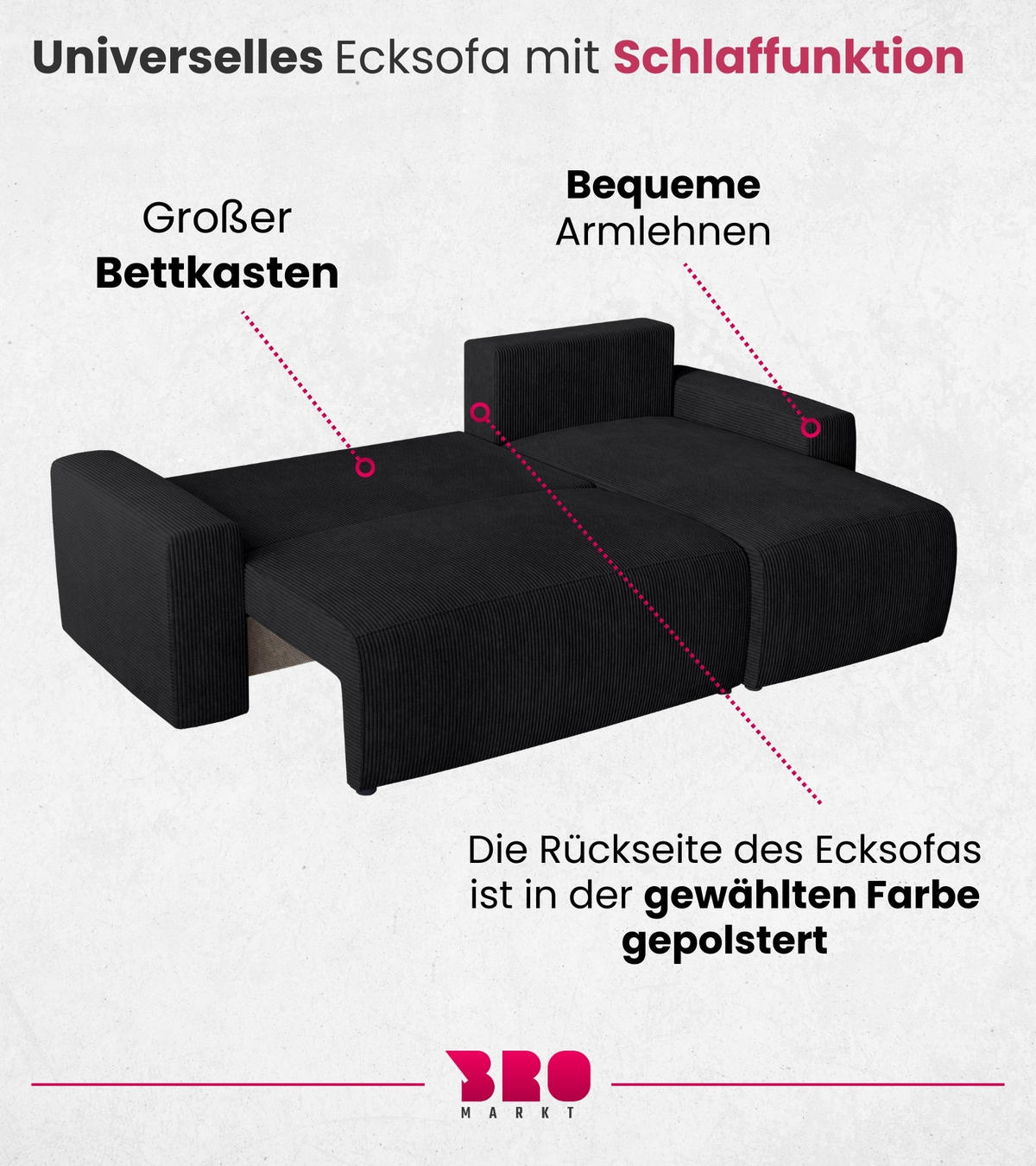 ECKSOFA PLUSH mit Schlaffunktion Schwarz Cord - Schwarz, Textil (240/145cm) - Bromarkt