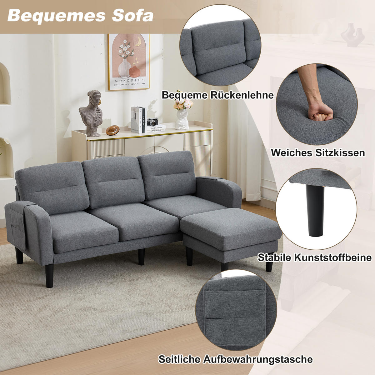 ECKSOFA 204/136/80 cm aus Stoff mit Chaiselongue und seitlichen Aufbewahrungstaschen Grau - Grau, Textil (136/204cm) - Modenvie