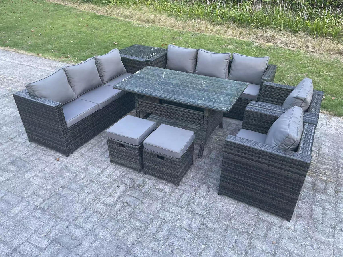 SITZGRUPPE mit Beistelltisch,Hockern Polyrattan Dunkelgrau 10-Sitzer - Dunkelgrau/Grau, Glas/Kunststoff - Fimous