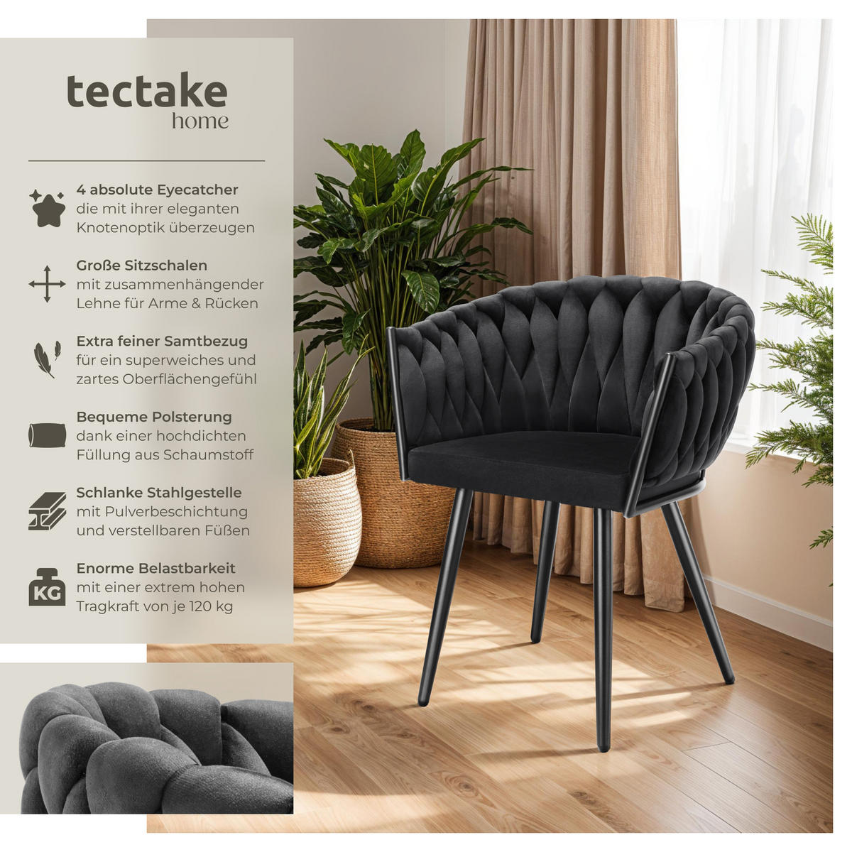 ESSZIMMERSTUHL 4er Set Astano 60 5 x 55 x 75 cm schwarz - Schwarz, Textil (60.5/75/55cm) - tectake