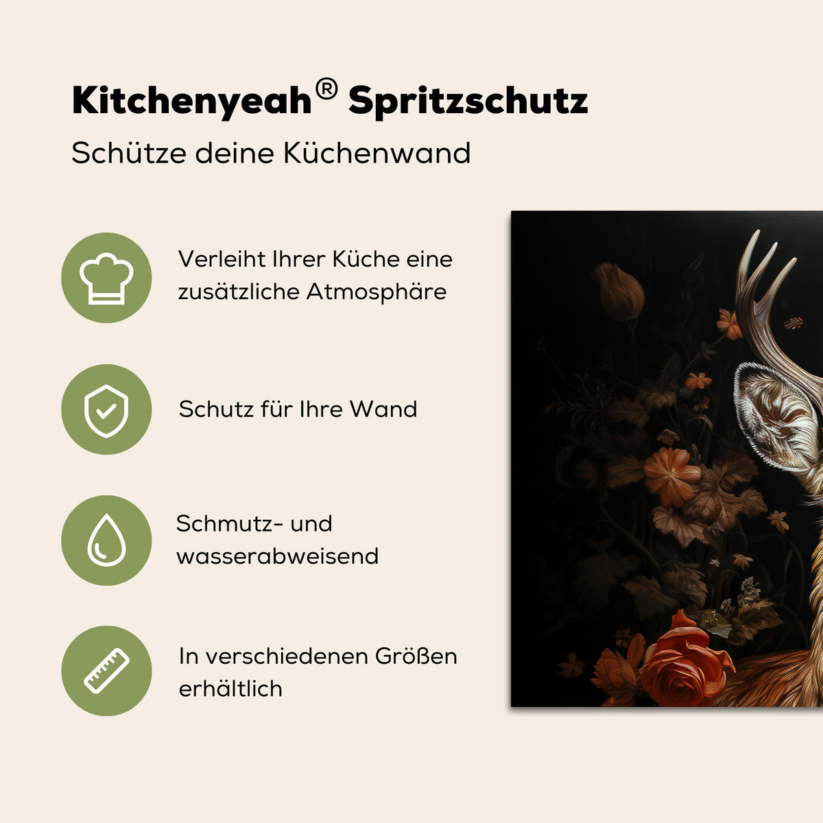 SPRITZSCHUTZ KÜCHE Hirsch - Tier - Blumen - Natur - Botanisch 80x55 cm - Kupferfarben, Metall (80/0.3/55cm) - MuchoWow