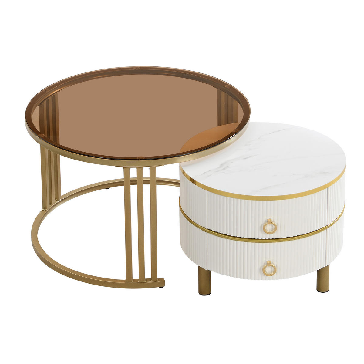 COUCHTISCH 70/70/45 cm mit 2 Schubladen und brauner Glasplatte - Weiß, Holzwerkstoff (70/70/45cm) - OKWISH