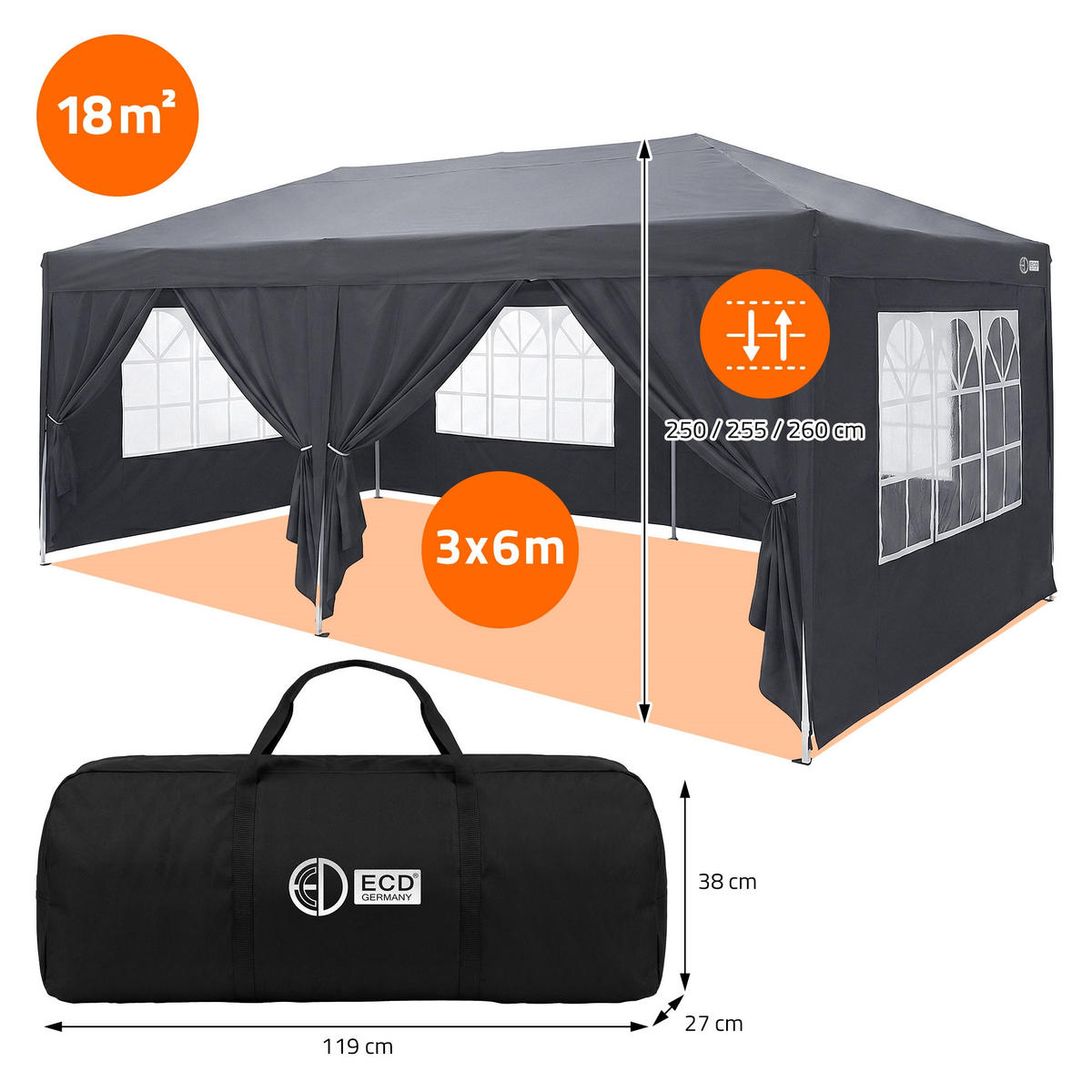 POP UP PAVILON 3x6 m antracitový skládací pavilon, vodotěsný, stabilní, se 6 bočními stěnami - šedá, textil (600/260/300cm) - ECD-Germany