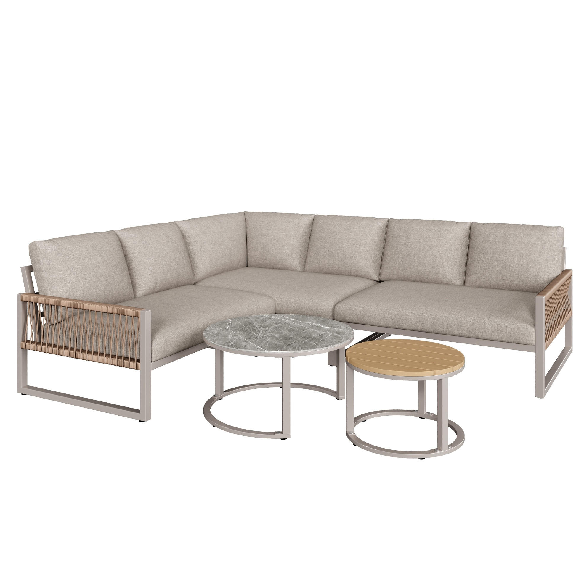 GARTEN-LOUNGE-SET 123/68/86 cm mit 2 Tischen, verzinktem Metallgestell und Kissen, Beige - Beige, Metall - Redom