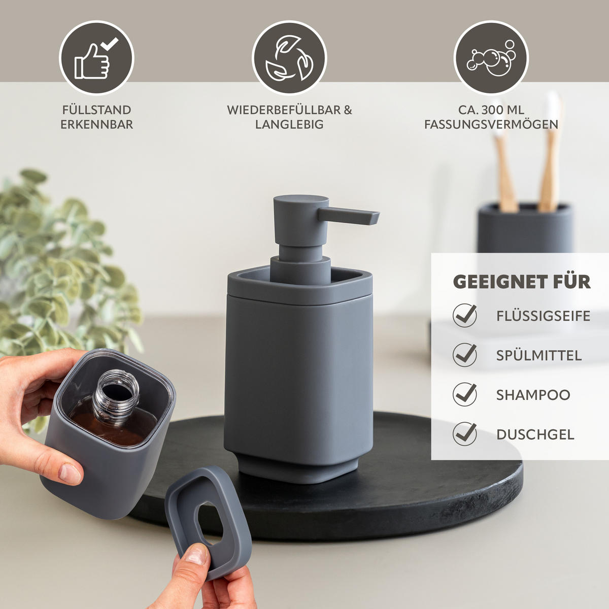 BAD-ACCESSOIRES-SET VALONA 5tlg., grau, Kunststoff - Grau, Kunststoff (21/25.5/21cm) - eluno