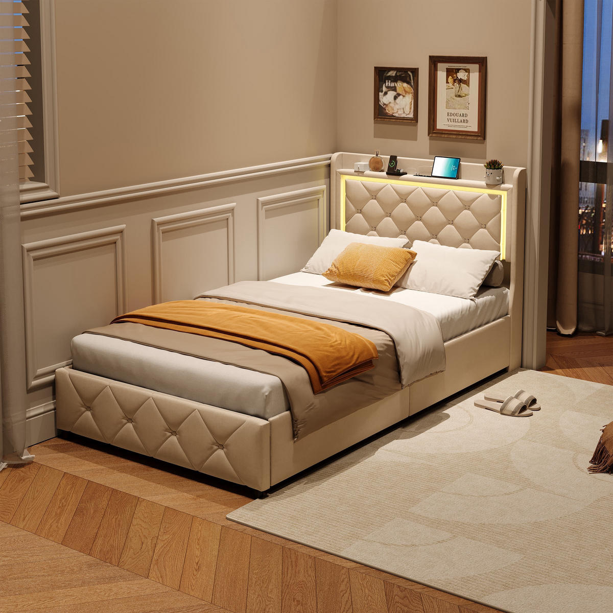 POLSTERBETT 90x200cm Funktionsbett mit LED-Beleuchtung und Stauraum – Samt Beige - Beige, Textil (90/200cm) - DELFA