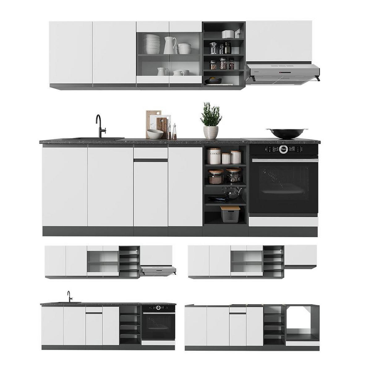 KUCHYŇSKÝ KOUT R-Line Bílá/antracitová 240 cm , PD Mramor - bílá/antracitová, kompozitní dřevo (240/206.8/60cm) - Vicco