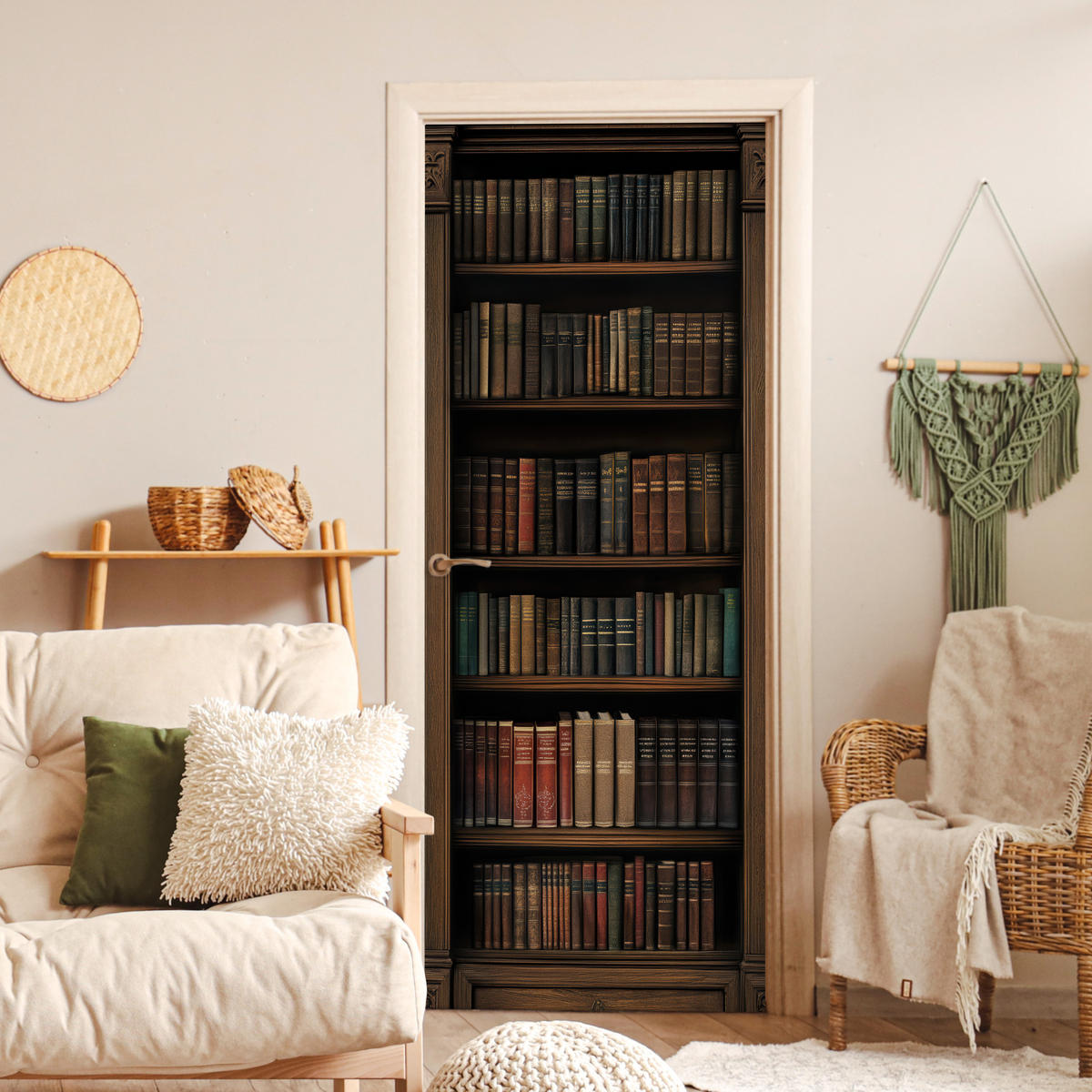TÜRAUFKLEBER Bücherregal - Vintage - Braun 85x215 cm - Türtapete - Nussbaumfarben, Kunststoff (85/0.1cm) - MuchoWow