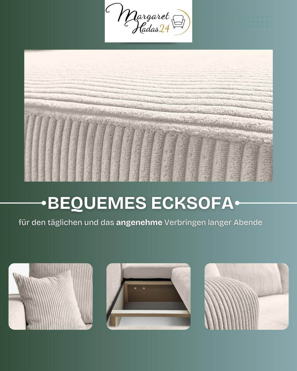 ECKSOFA Sofia in L-Form 277 x 143 cm Schlaffunktion Bettkasten Couch Cord universale Seite, cremig - Creme, Kunststoff (143/83/277cm) - Margaret Hadas24