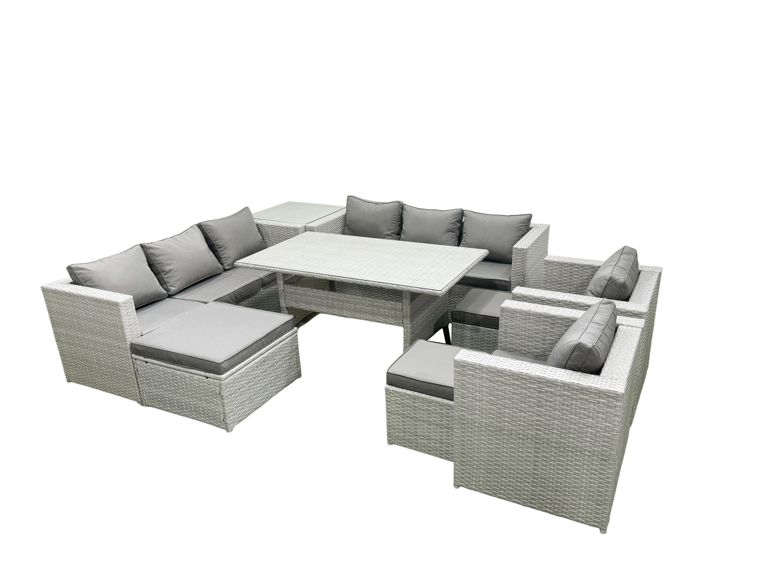 GARTENMÖBEL SET mit 3-Sitzer-Sofa und 2 Stühle, Esstisch,3 Hockern,Beistelltisch Polyrattan Hellgrau 11-Sitzer - Hellgrau/Grau, Glas/Kunststoff - Fimous