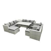 GARTENMÖBEL SET mit 3-Sitzer-Sofa und 2 Stühle, Esstisch,3 Hockern,Beistelltisch Polyrattan Hellgrau 11-Sitzer - Hellgrau/Grau, Glas/Kunststoff - Fimous