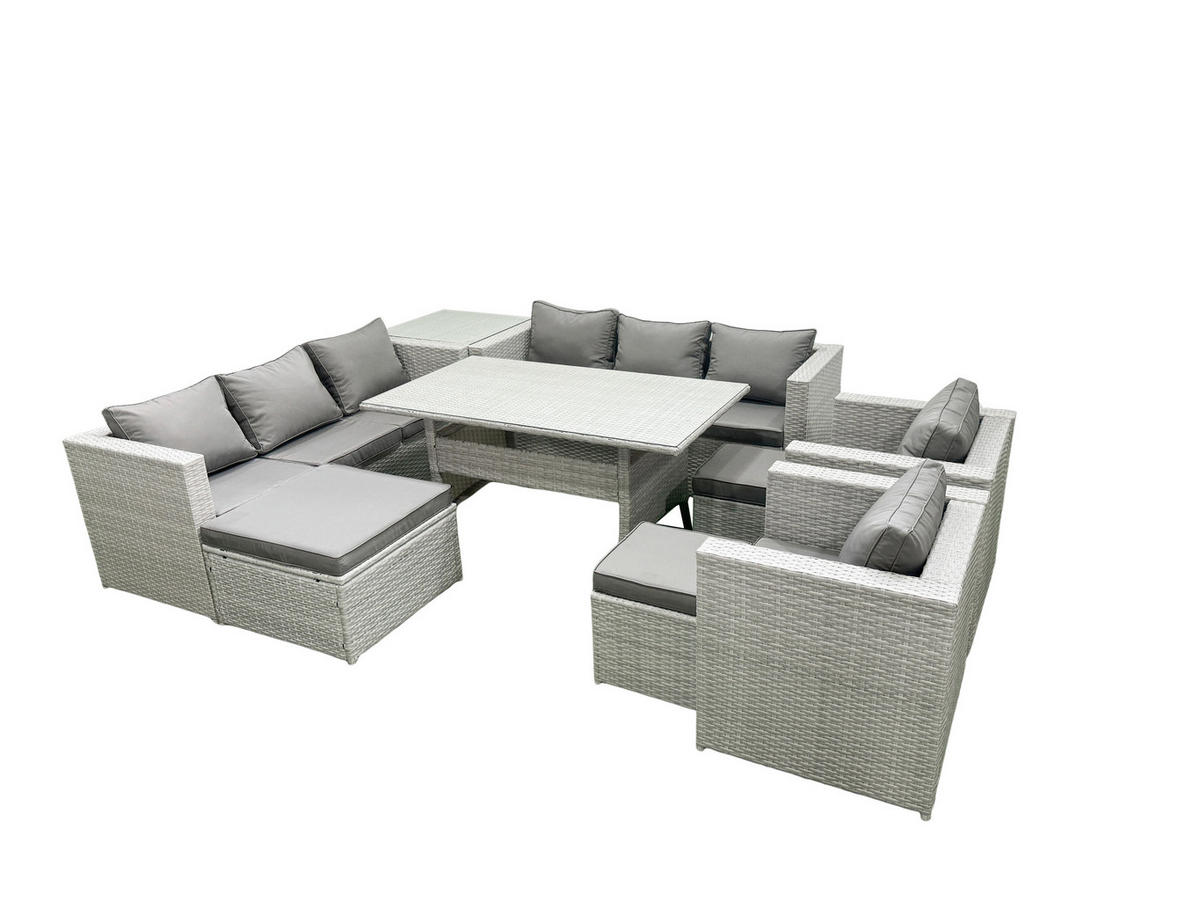 GARTENMÖBEL SET mit 3-Sitzer-Sofa und 2 Stühle, Esstisch,3 Hockern,Beistelltisch Polyrattan Hellgrau 11-Sitzer - Hellgrau/Grau, Glas/Kunststoff - Fimous