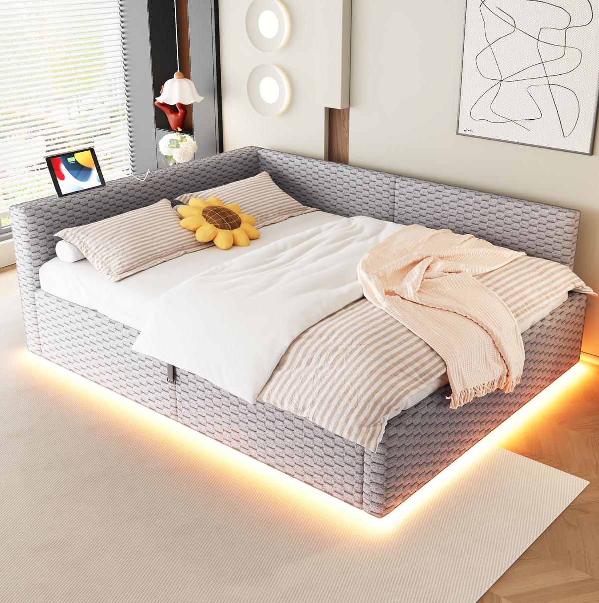 POLSTERBETT mit Bettkasten 140x200 cm Samt Grau mit LED und USB - Grau, Metall (140/200cm) - Meubliv