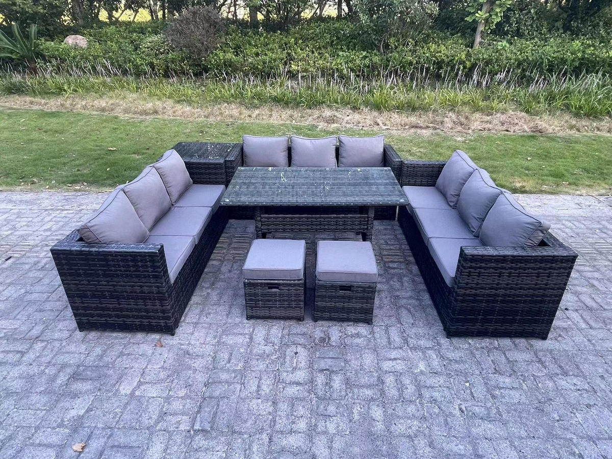 GARTENMÖBEL SET mit Beistelltisch,Esstisch Polyrattan 11-Sitzer - Dunkelgrau/Grau, Glas/Kunststoff - Fimous