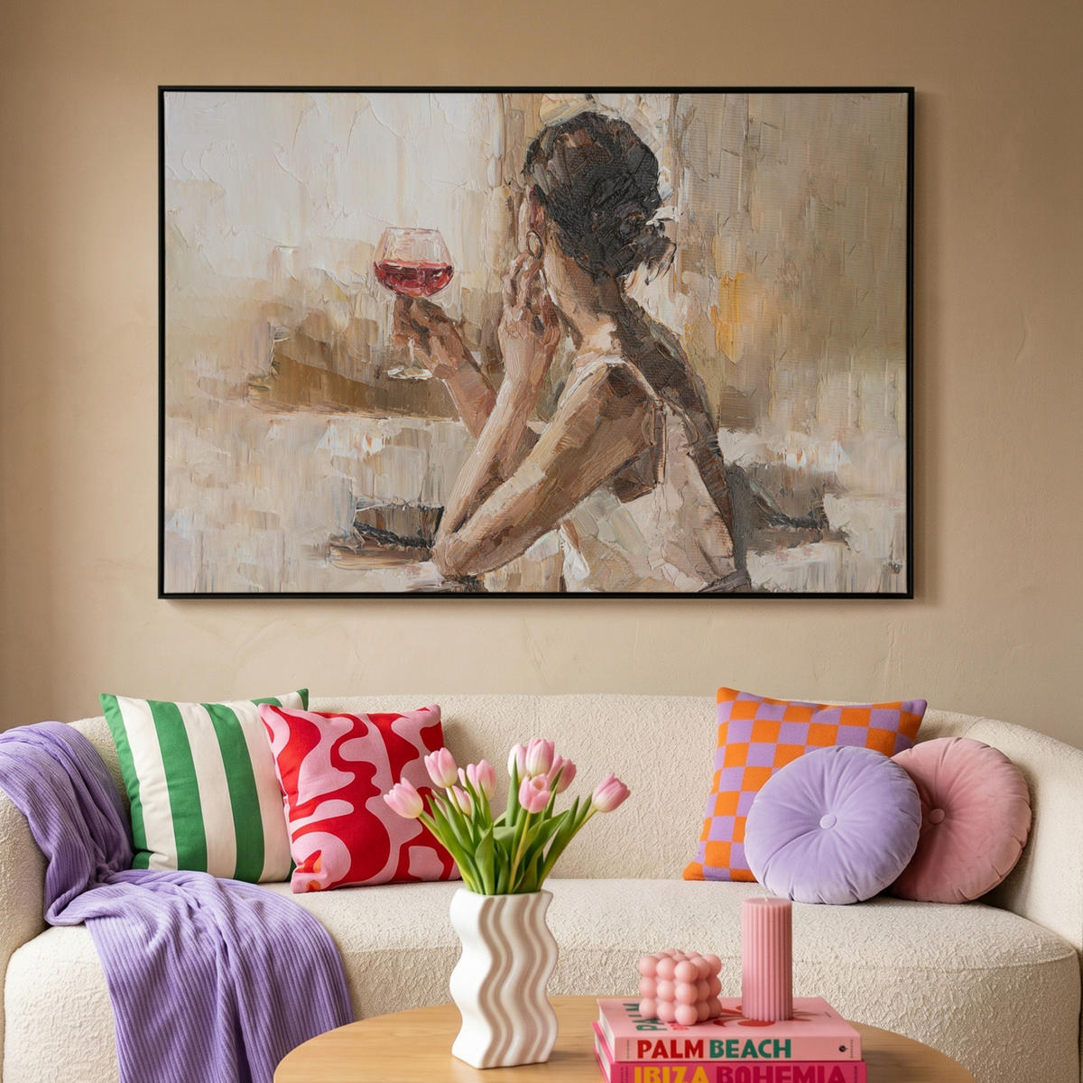 LEINWAND Bilder mit Rahmen - Ölgemälde - Frau - Wein - 150x100 - Hellbraun, Textil (150/100cm) - MuchoWow