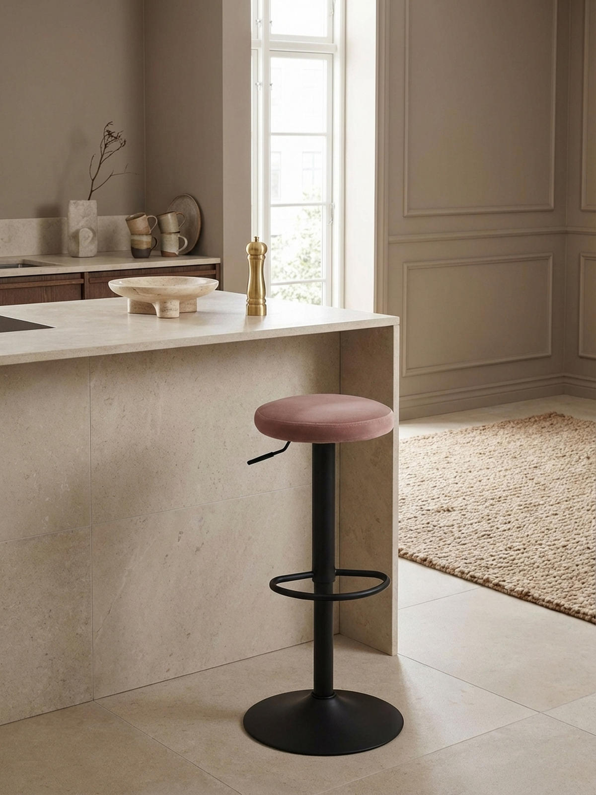 BARHOCKER Höhenverstellbar Eisen Samt Drehbar CAMPANIA, Rosa 40x40x79 cm - Pink/Schwarz, Textil/Metall (40/79/40cm) - KADIMA DESIGN