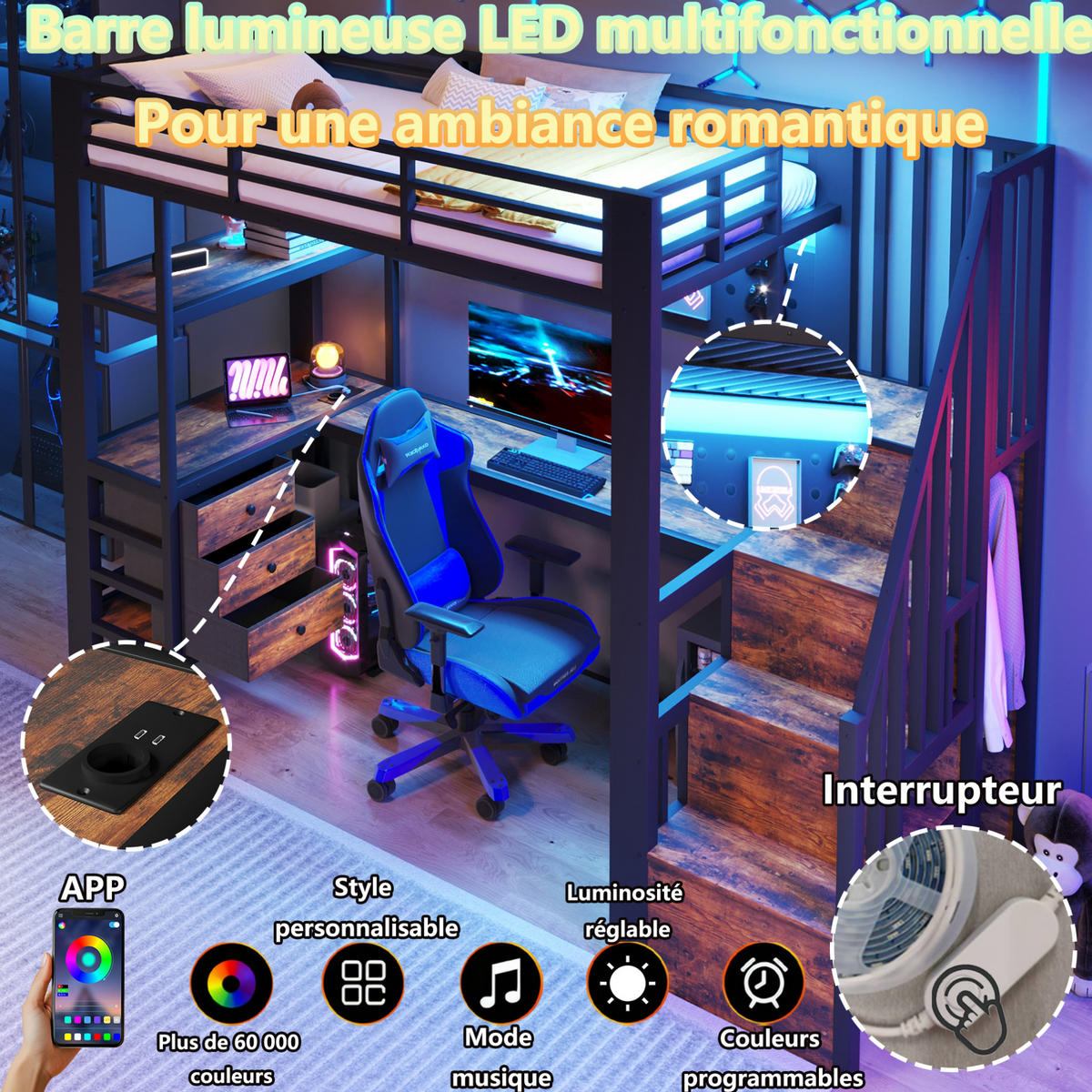 HOCHBETT 90/200 cm aus Metall und MDF mit Schreibtisch, Stauraum und LED Schwarz - Schwarz, Holzwerkstoff (90/200cm) - Modenvie