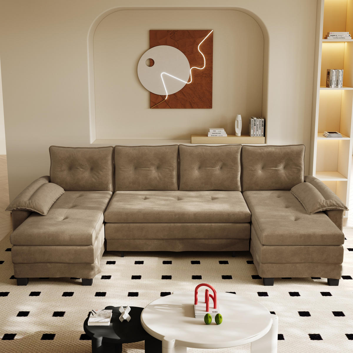 SCHLAFSOFA aus Chenille 278x127x87 cm Khaki mit USB-Anschluss, abnehmbaren Armlehnen und ausziehbarer Schlaffunktion - Beige, Textil (278/87/127cm) - Modfu