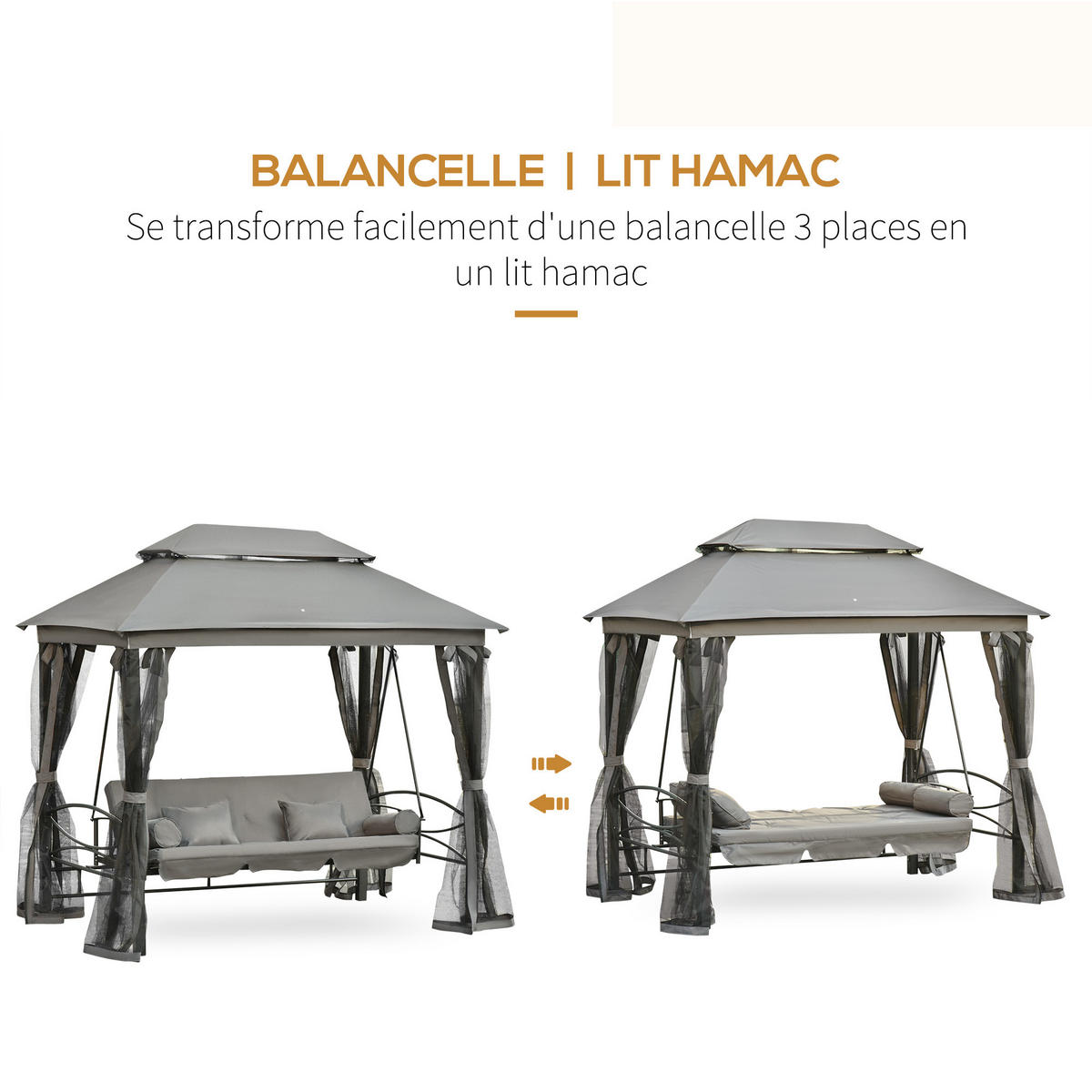 HOLLYWOODSCHAUKEL DE-15242 konvertierbar mit Moskitonetz Grau - Grau, Metall (172/248/256cm) - ComfortXL