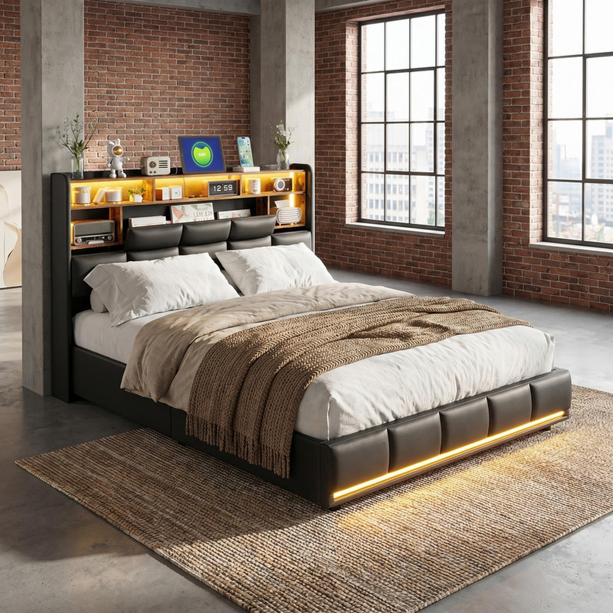 POLSTERBETT 160/200 cm schwarz mit Stauraum, LED und USB - Schwarz, Holz - SHOPENTRA