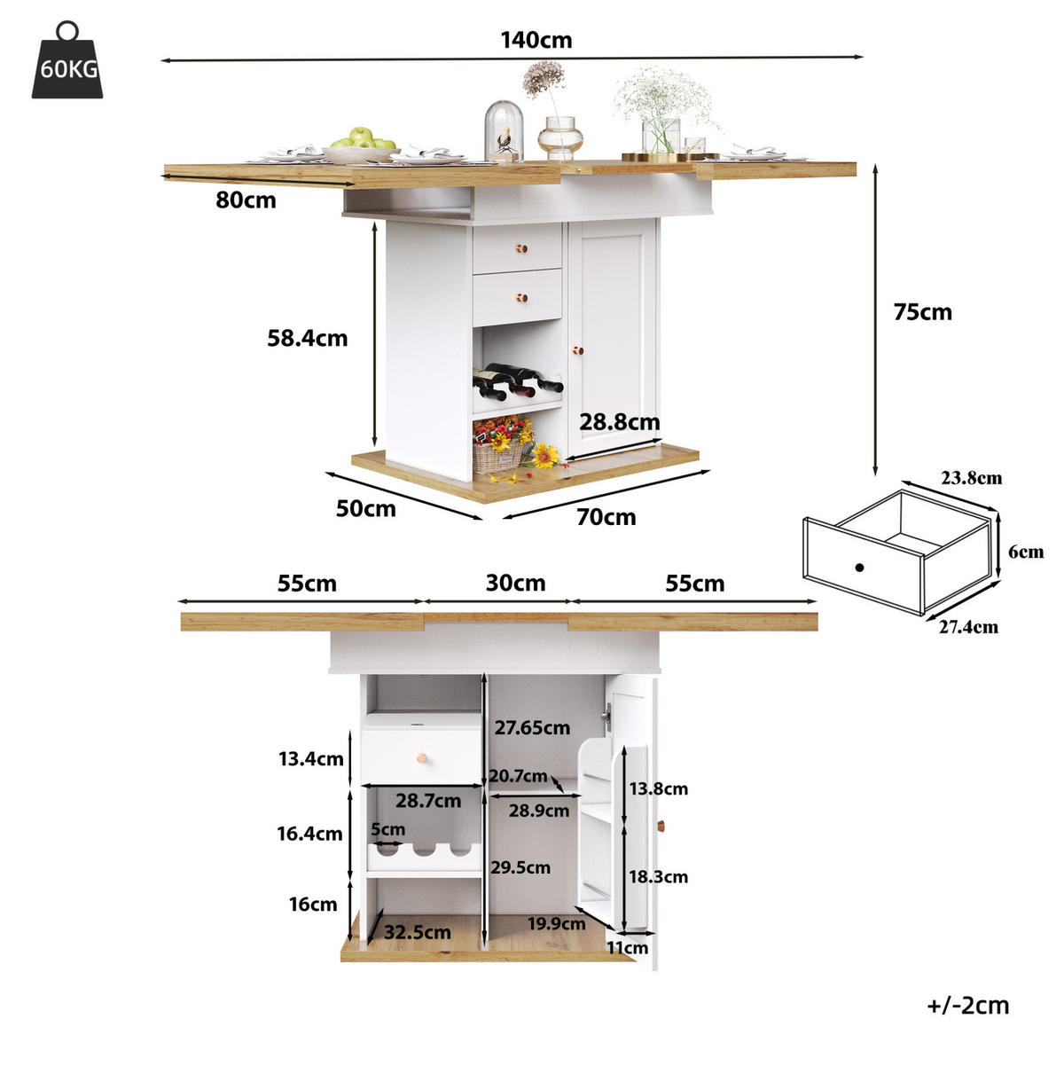 ESSTISCH 80/140/75 cm Weiß Natur aus MDF mit Stauraum und Auszug - Naturfarben, Holzwerkstoff (140/80/75cm) - OKWISH