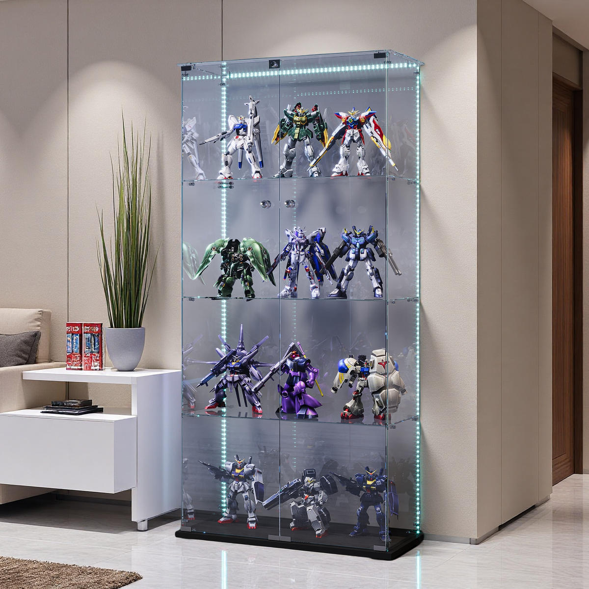 STANDVITRINE mit LED-Leisten, Schwarz, 4 Böden, Doppeltür abschließbar - Schwarz, Glas (35/163/78.5cm) - SHOPENTRA