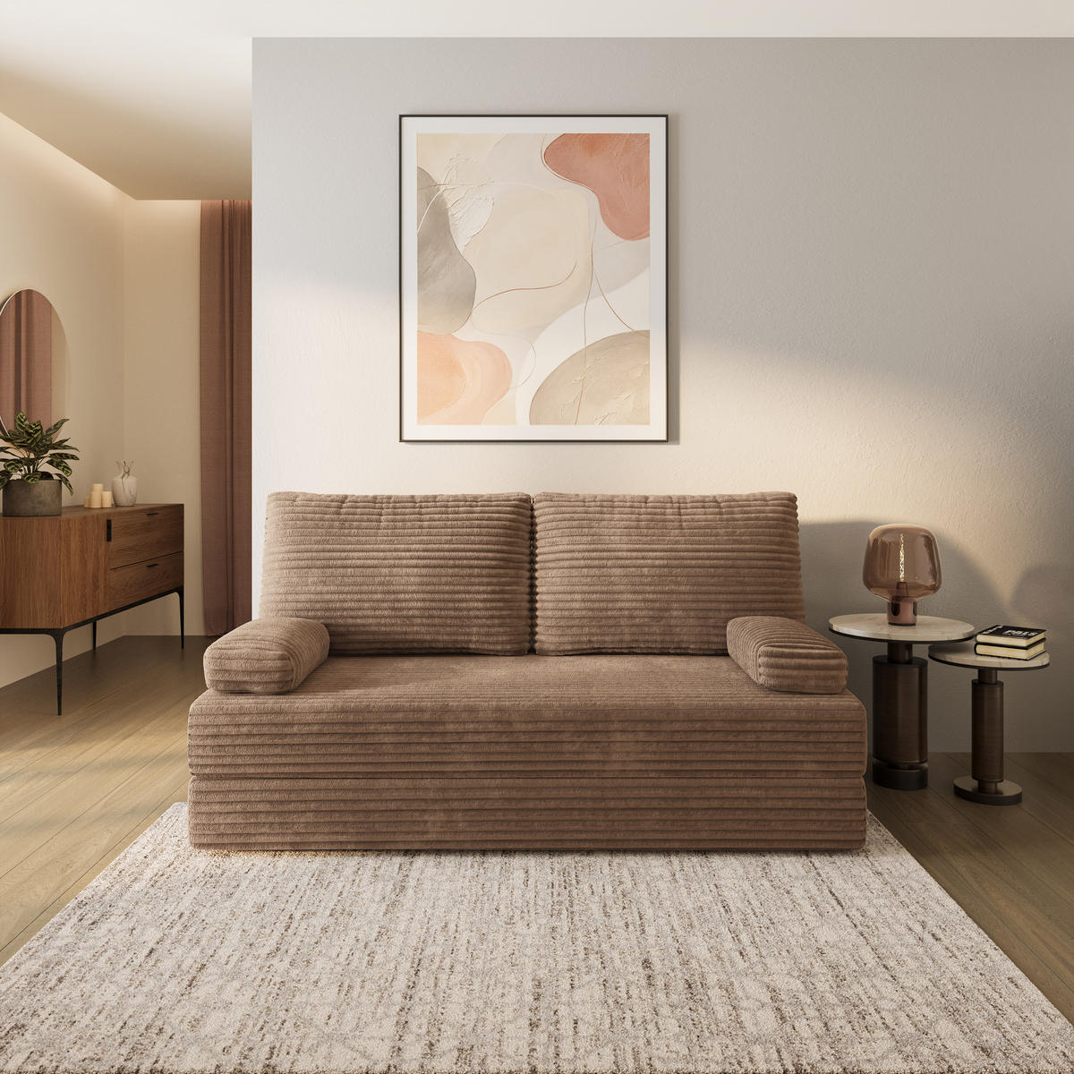 BETTSOFA SILAR aus Schaumstoff Cordstoff Beige Schlaffunktion - Beige, Textil (170/86/80cm) - MASSENO